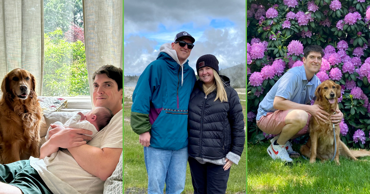 a collage of a man with his dog, his wife and his newborn baby