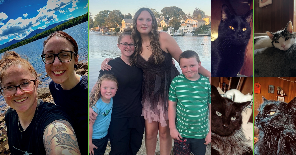 collage of a woman and her family and cats