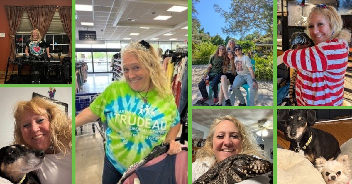 a collage of Trudeau Early Intervention Educator Sherry Phillips and her family, pets, and work attire