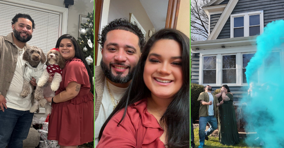 a collage of trudeau bcba jasmin garcia with her husband and 2 dogs at christmastime